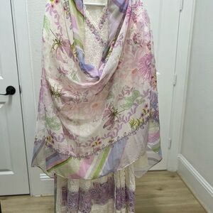 White Eyelet Angrakha With Printed Dupatta And Pants Ansab Jahangir